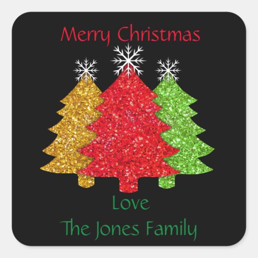 Schneeflocken Rot-Gold-Grün Weihnachtsbaum Schneef Quadratischer Aufkleber (Vorderseite)