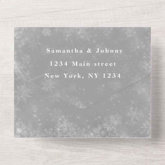 Schneeflocken Schnee Grau Winter Wunderland Hochze All In One Einladung (Rückseite)