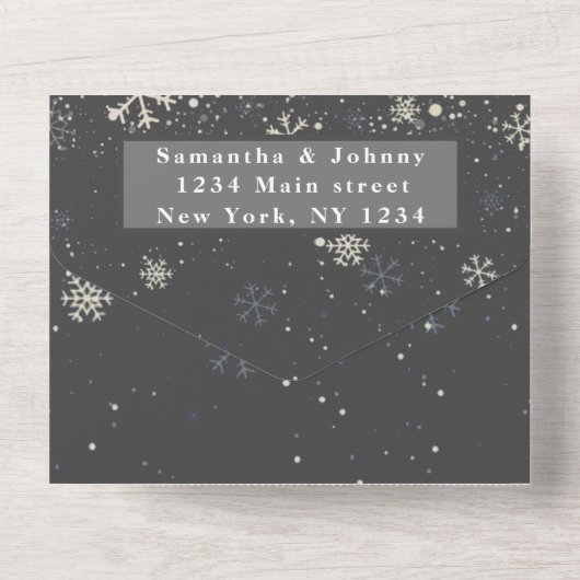Schneeflocken Schnee Grau Winter Wunderland Hochze All In One Einladung (Rückseite)