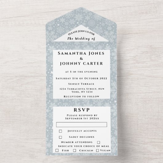 Schneeflocken Schnee Grau Winter Wunderland Hochze All In One Einladung (Innen Boden)