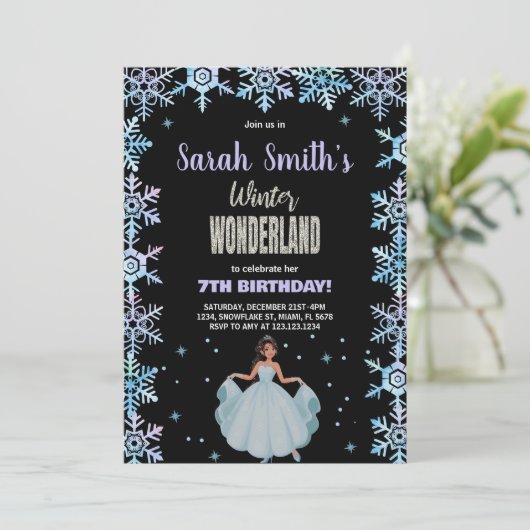 Schneeflocken Schwarzer Winter Wunderland Einladun Einladung (Stehend Vorderseite)