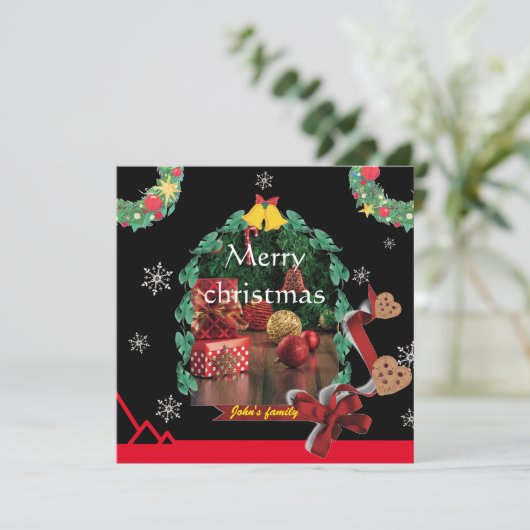 Schneeflocken schwarzes Foto trendy fröhliche Weih Dankeskarte (Stehend Vorderseite)