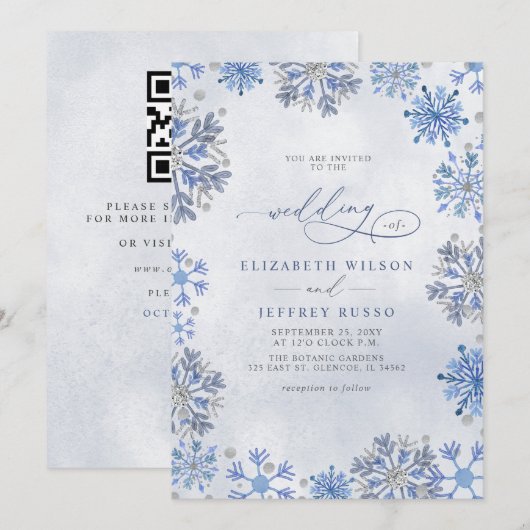 Schneeflocken Silber Blau Winter QR-Code Hochzeit Einladung (Vorne/Hinten)