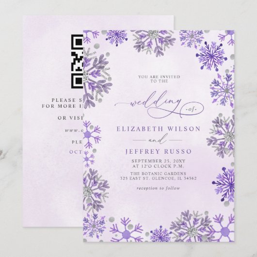 Schneeflocken Silber Lila Winter QR-Code Hochzeit Einladung (Vorne/Hinten)