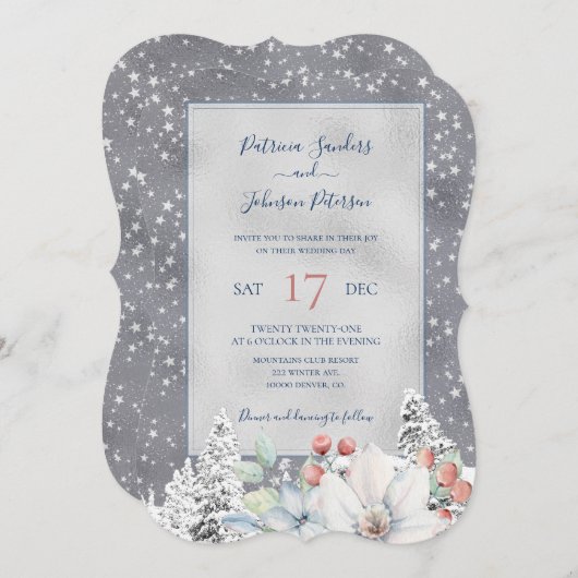 Schneeflocken Silber Winter rustikale Blumenhochze Einladung (Vorne/Hinten)