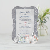 Schneeflocken Silber Winter rustikale Blumenhochze Einladung (Stehend Vorderseite)