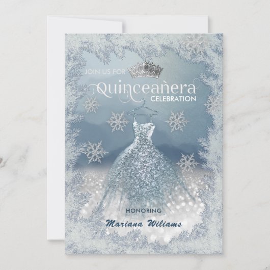 Schneeflocken Silberkleid ombre tiara Quinceañera Einladung (Vorderseite)