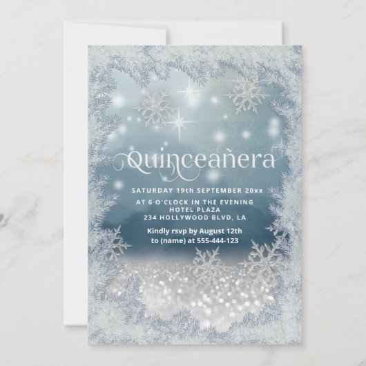 Schneeflocken Silberkleid ombre tiara Quinceañera Einladung (Rückseite)
