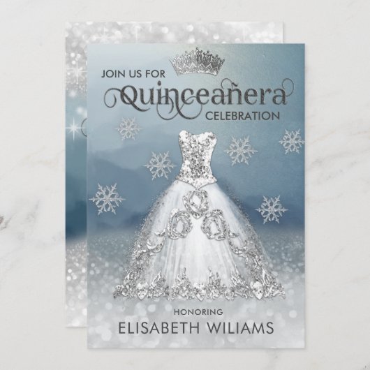 Schneeflocken Silberkleid ombre tiara Quinceañera Einladung (Vorne/Hinten)