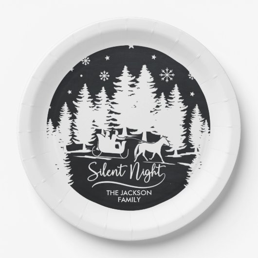 Schneeflocken-Silhouetten in der nächtlichen Still Pappteller (Vorderseite)