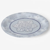 Schneeflocken Silver Glitzer Dusty Blue Pappteller (Schrägansicht)
