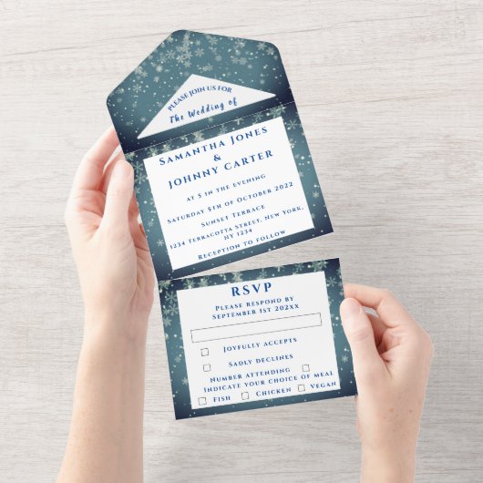 Schneeflocken Snow Blue Winter Wonderland Hochzeit All In One Einladung (Abreißen)