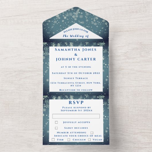 Schneeflocken Snow Blue Winter Wonderland Hochzeit All In One Einladung (Innen Boden)