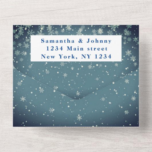 Schneeflocken Snow Blue Winter Wonderland Hochzeit All In One Einladung (Rückseite)