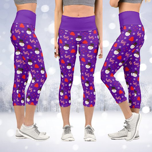 Schneeflocken Snowman Candy Canes Blue Background Capri Leggings