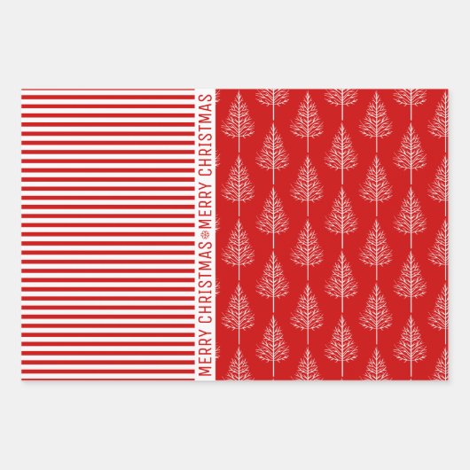 Schneeflocken, Streifen und Weihnachtsbäume rot Geschenkpapier Set (Vorderseite 3)