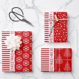 Schneeflocken, Streifen und Weihnachtsbäume rot Geschenkpapier Set