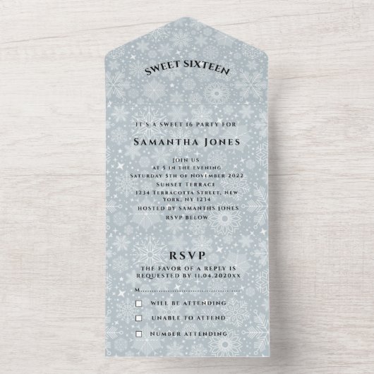 Schneeflocken Sweet 16 Hübsch Gray Girly All In One Einladung (Innen Boden)