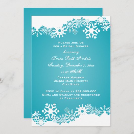 Schneeflocken türkisfarbenes Brautparty Einladung (Vorne/Hinten)