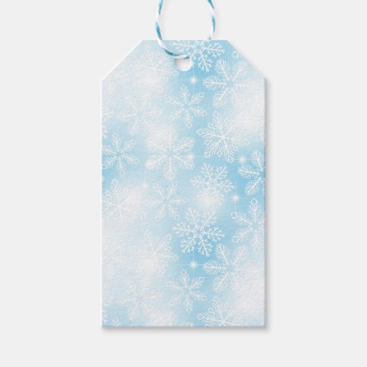 Schneeflocken und blaue Lichter Geschenkanhänger (Vorderseite)