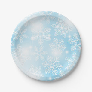 Schneeflocken und blaue Lichter Pappteller
