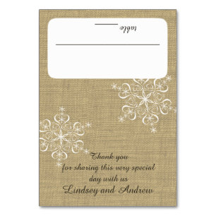 Schneeflocken und Burlap-Plätze Tischnummer