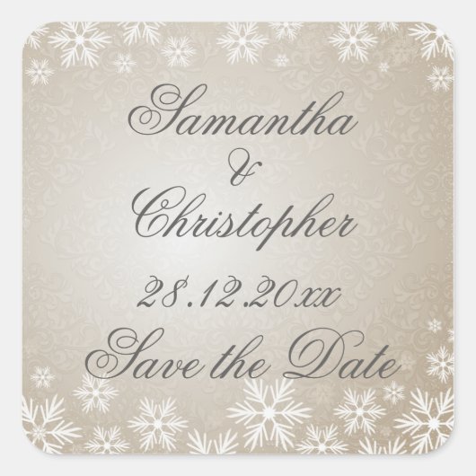Schneeflocken und Damaskus Save the Date Quadratischer Aufkleber (Vorderseite)