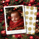 Schneeflocken und Familienfliegen Personalisiertes Folien Feiertagskarte<br><div class="desc">Hübsche Goldschneeflocken und Goldfolie Baby Foto Weihnachtskarte. Sie können den Text personalisieren,  Ihre Namen hinzufügen und Ihr Foto im personalisierenden Bereich hochladen.</div>