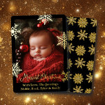 Schneeflocken und Familienfliegen Personalisiertes Folien Feiertagskarte<br><div class="desc">Hübsche Goldschneeflocken und Goldfolie Baby Foto Weihnachtskarte. Sie können den Text personalisieren,  Ihre Namen hinzufügen und Ihr Foto im personalisierenden Bereich hochladen.</div>