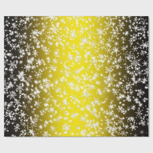 Schneeflocken und Glitzern über Gelb Geschenkpapier (Flach)