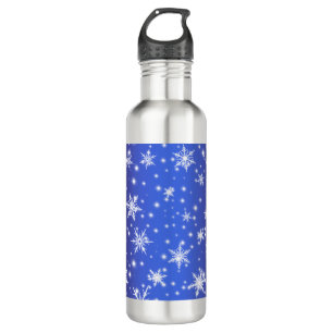 Schneeflocken und Glitzern über Navy Blue Light Edelstahlflasche