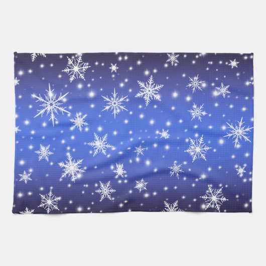 Schneeflocken und Glitzern über Navy Blue Light Geschirrtuch (Horizontal)