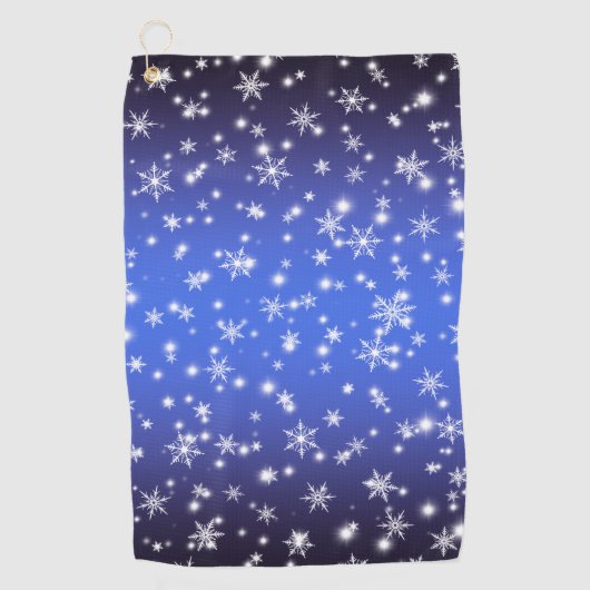Schneeflocken und Glitzern über Navy Blue Light Golfhandtuch (Vorderseite)