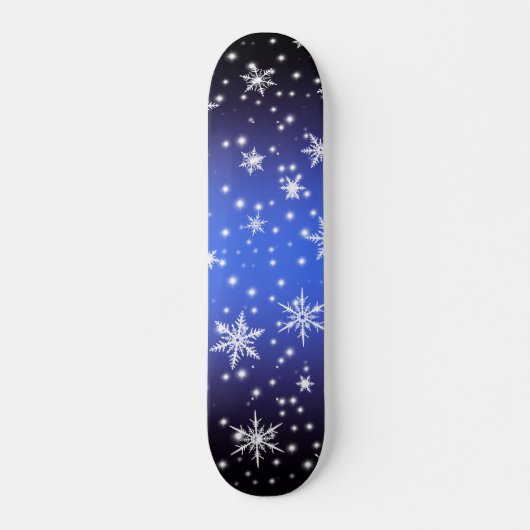 Schneeflocken und Glitzern über Navy Blue Light Skateboard (Vorne)