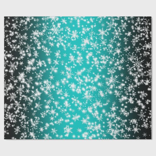 Schneeflocken und Glitzern über Türkis Geschenkpapier (Flach)
