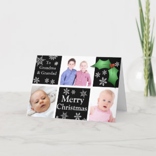 Schneeflocken und Holly auf Schwarz Feiertagskarte