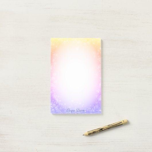 Schneeflocken und Kalligraphie auf Pastelfarben Post-it Klebezettel (Auf Schreibtisch)