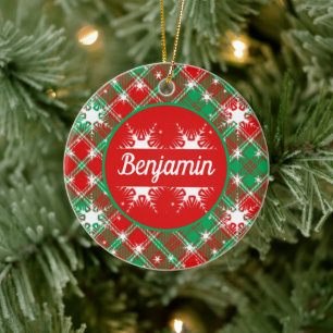 Schneeflocken und Karierte, grüne und weiße Weihna Keramik Ornament