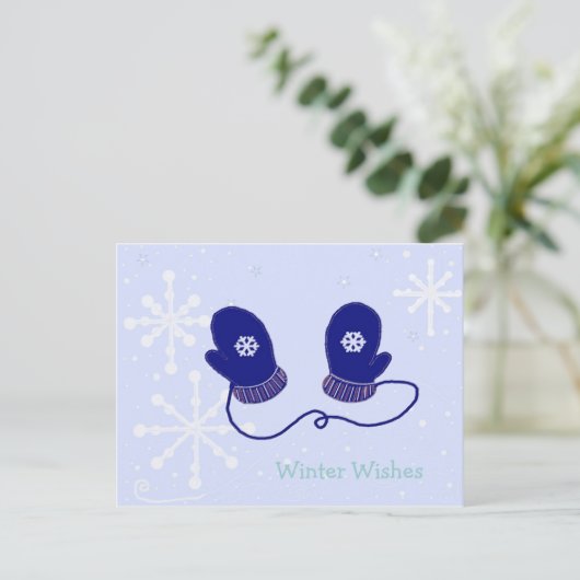 Schneeflocken und Mitten Postkarte (Stehend Vorderseite)