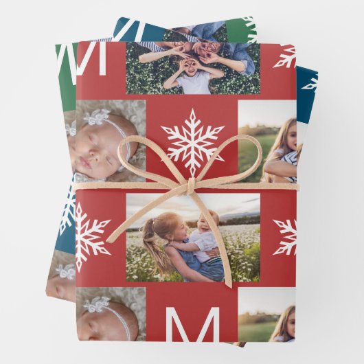 Schneeflocken und Monogramm-FotoCollage Geschenkpapier Set (Beispiel)