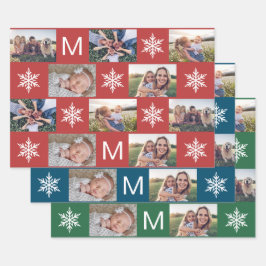 Schneeflocken und Monogramm-FotoCollage Geschenkpapier Set