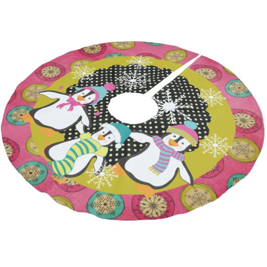 Schneeflocken und Orbs Pinguine Holiday Tree Skirt Polyester Weihnachtsbaumdecke (Schrägansicht)
