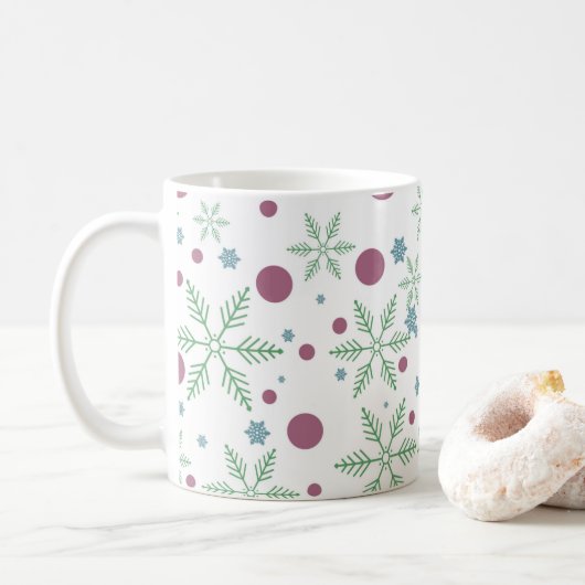 Schneeflocken und Punkte Weihnachtsmuster Kaffeetasse (Mit Donut)