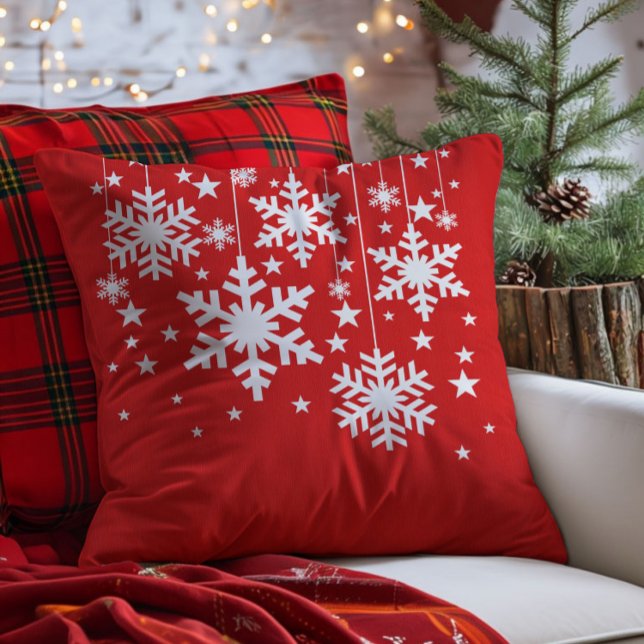 Schneeflocken und Sterne Kissen, rot Kissen (Red Snowflakes and Stars Christmas Throw Pillow)