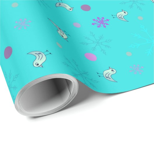 Schneeflocken und Vögel_aqua Geschenkpapier (Rolleneckpunkt)