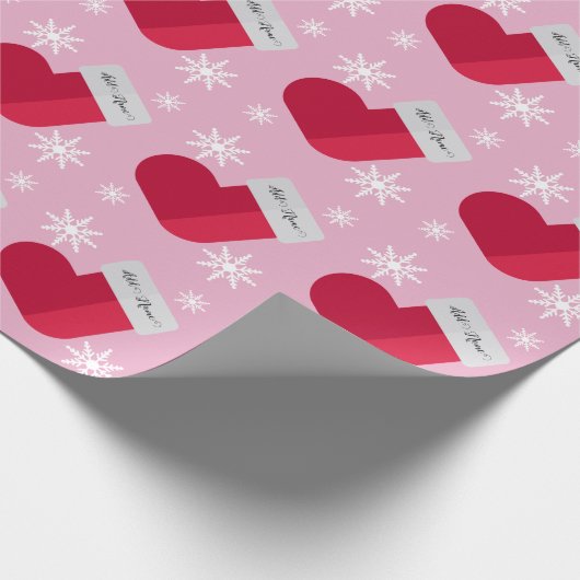 Schneeflocken und Weihnachts-Strumpf Name Rosa Geschenkpapier (Ecke)
