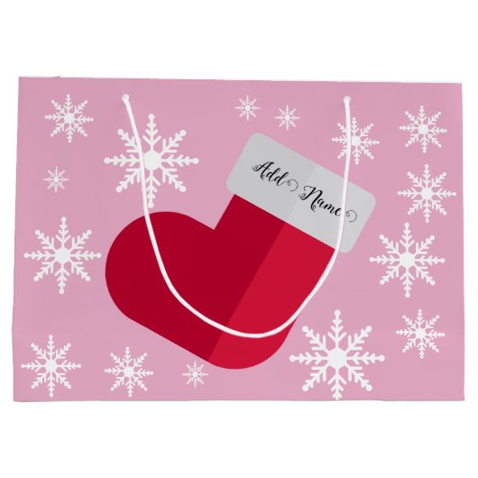Schneeflocken und Weihnachts-Strumpf Name Rosa Große Geschenktüte (Rückseite)