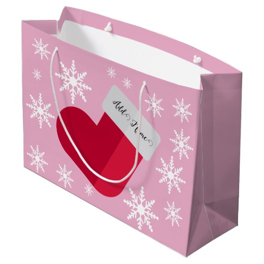 Schneeflocken und Weihnachts-Strumpf Name Rosa Große Geschenktüte (Rückseite Schrägansicht)