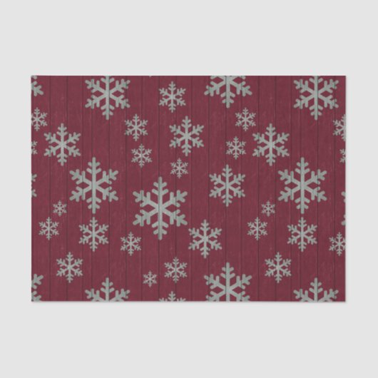 Schneeflocken versilbern auf rustikalem Rot Seidenpapier (Vorderseite)