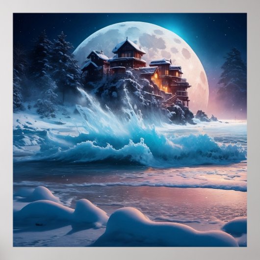 Schneeflocken, Vollmond mit Strand Poster (Vorne)